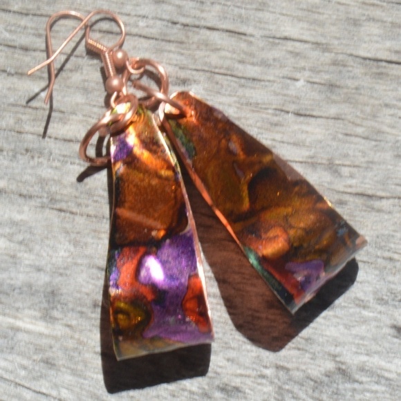 Green Yellow Pure Copper Hoops Embossed Earrings Stars Handmade Psychedelic - Picture 2 of 5